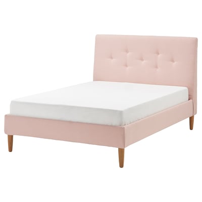 Llit IDANÄS, rosa, capçal tufted, potes de fusta, entapissat, acollidor i de disseny net.