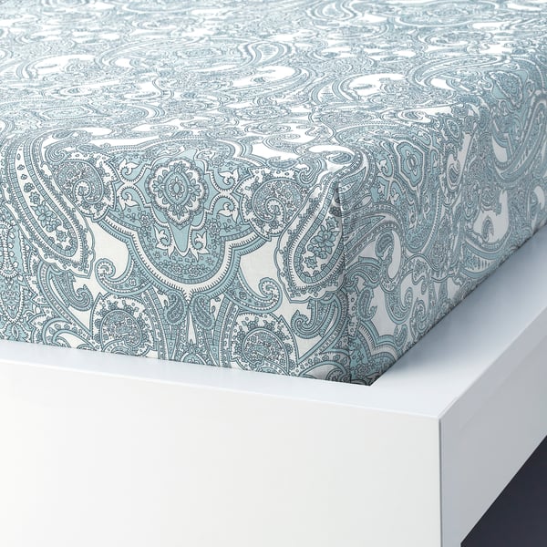 JÄTTEVALLMO Llençol ajustable, blanc/blau, 160x200 cm