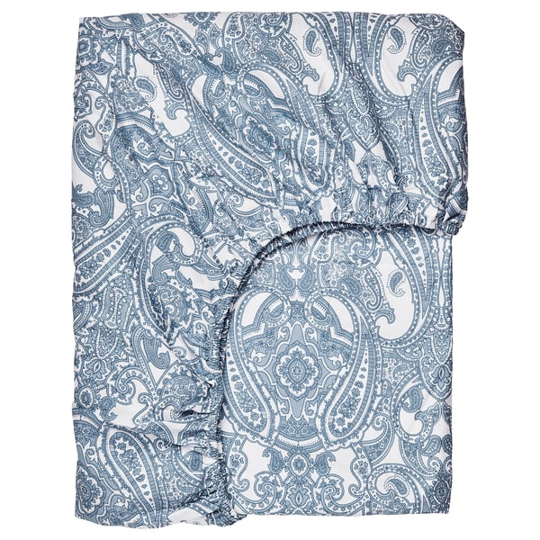 JÄTTEVALLMO Llençol ajustable, blanc/blau, 160x200 cm
