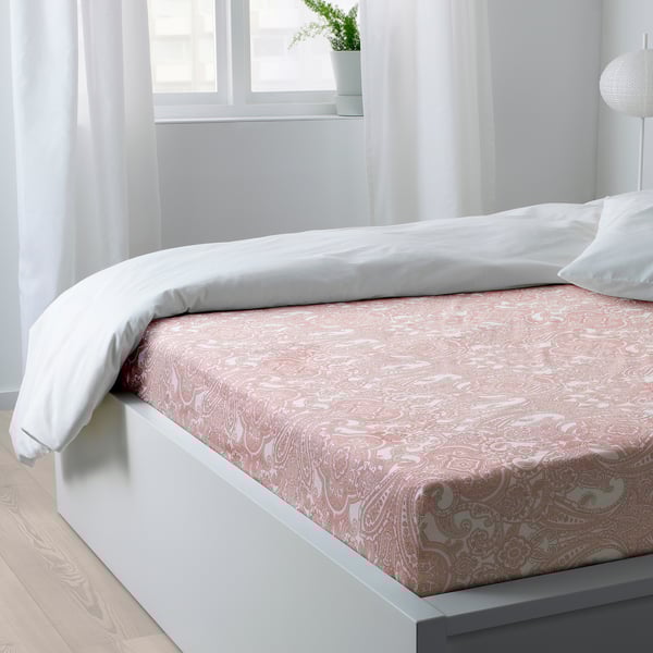 JÄTTEVALLMO Llençol ajustable, blanc/rosa, 160x200 cm