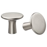 Dos poms circulars d'armari amb acabat de níquel raspallat amb un disseny elegant, amb vores llises i una base cilíndrica.