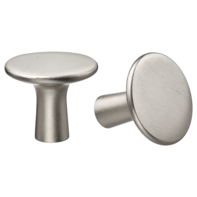 Dos poms circulars d'armari amb acabat de níquel raspallat amb un disseny elegant, amb vores llises i una base cilíndrica.