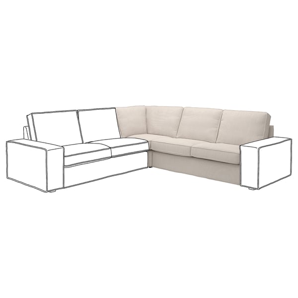 Sofà modern en forma de L beix dibuixat amb línies dibuixades. Disseny minimalista amb línies rectes, braços quadrats i seients encoixinats. Perfecte per a cantonades.