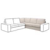 Sofà modern en forma de L beix dibuixat amb línies dibuixades. Disseny minimalista amb línies rectes, braços quadrats i seients encoixinats. Perfecte per a cantonades.