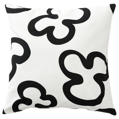Coixí KLIPPBRÄCKA: quadrat, blanc i negre, cotó reciclat i polièster, formes abstractes atrevides.