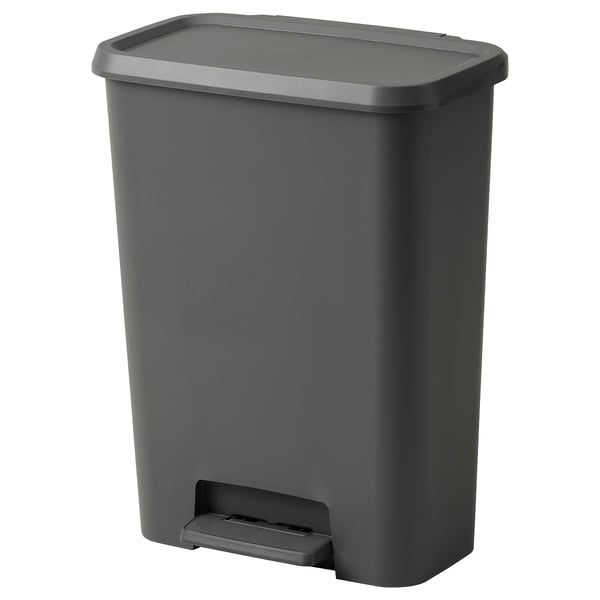 Aquesta imatge mostra un contenidor de pedal de plàstic KNÖCKLA gris amb tapa de tancament suau, dissenyat per a residus o reciclatge.