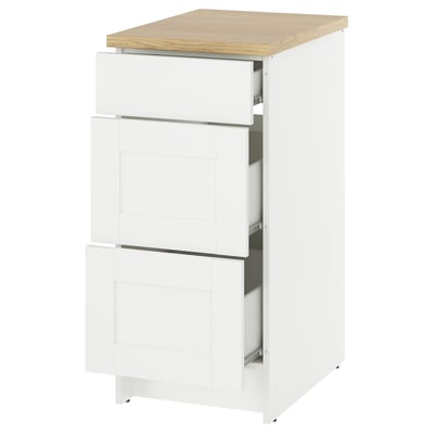 Moble de cuina blanc KNOXHULT amb 3 calaixos, tapa de roure, disseny modern i elegant.