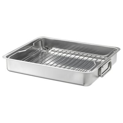 Una llauna d'acer inoxidable KONCIS amb reixeta de graella, perfecta per a ús al forn o a la barbacoa.