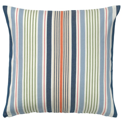 Coixí KORALLBUSKE: blau clar, multiratlles, quadrat, tancament amb cremallera, 50% cotó reciclat, jute, viscosa.