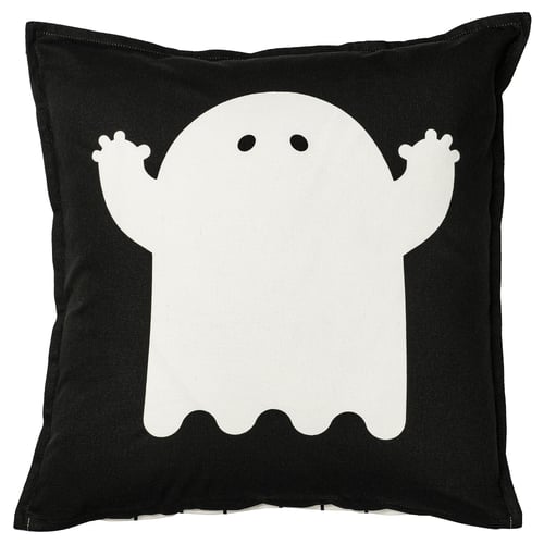 Coixí de temàtica de Halloween, negre amb disseny fantasma blanc, forma quadrada, material de cotó.