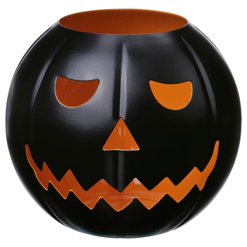 Portaespelmes jack-o-lantern de Halloween, negre, metall, rodó, disseny de cara somrient.