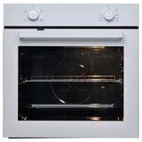 Un forn elèctric blanc amb interior negre, amb elements calefactors superior i inferior, poms de control de temperatura i un pany de seguretat a la porta.