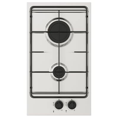 Estufa de gas blanca amb dos cremadors, poms negres, reixes de ferro colat.