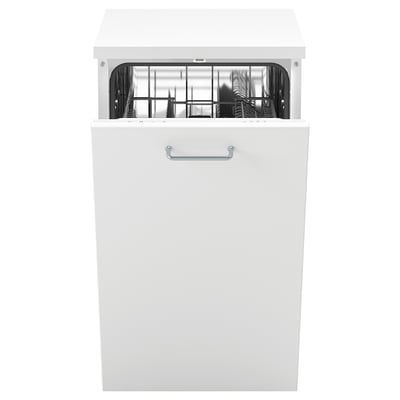 Rentaplats blanc amb porta superior oberta amb bastidors, mànec platejat, disseny compacte.