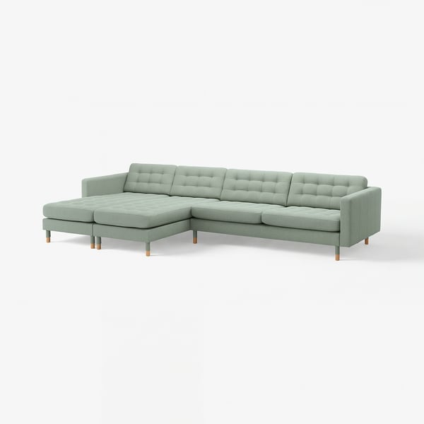LANDSKRONA Sofà de 5 places, amb chaise longue/Gunnared verd clar/fusta