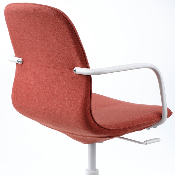 Cadira d'oficina moderna, teixit taronja, ajustable, durador, suport ergonòmic per a l'esquena i els braços, marc blanc elegant.