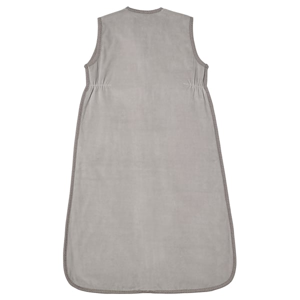 Sac de dormir per a nadons gris clar, exterior de vellut suau, sense mànigues, frontal amb cremallera, de cotó.