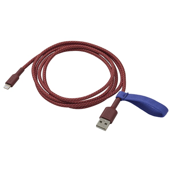 Cable USB vermell LILLHULT, 1. 5m, disseny trenat, connectors de goma, banda elàstica blava.