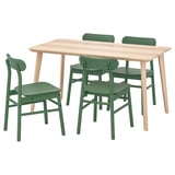 Conjunt de menjador LISABO: taula de freixe clar, cadires verdes, disseny escandinau.