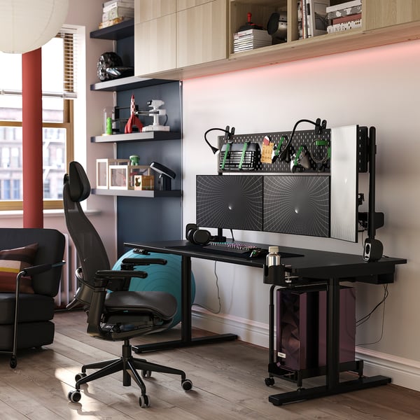 MÅLOMRÅDE Escriptori de gaming dret/assegut, amb braços per a monitor/elèctric negre, 180x80 cm