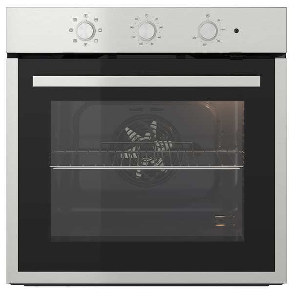Mostra un forn integrat d'acer inoxidable amb interior negre, tres poms a la part superior per als controls i reixetes de filferro a l'interior.