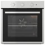 Mostra un forn integrat d'acer inoxidable amb interior negre, tres poms a la part superior per als controls i reixetes de filferro a l'interior.
