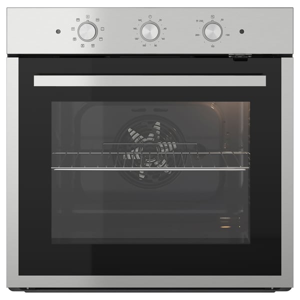 Forn encastat d'acer inoxidable amb convecció, disseny elegant, poms fàcils d'utilitzar i un interior ampli per cuinar eficientment.