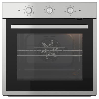 Forn encastat d'acer inoxidable amb convecció, disseny elegant, poms fàcils d'utilitzar i un interior ampli per cuinar eficientment.