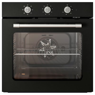 Forn encastat negre amb poms i mànec platejats, pantalla digital, porta de vidre, recintes de filferro a l'interior.