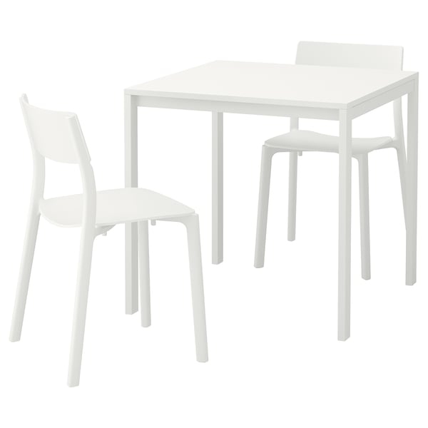Un conjunt de menjador MELLTORP amb taula i cadires blanques, amb un disseny elegant i modern.