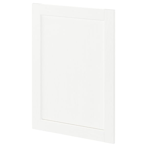 Mostra una porta d'armari de cuina METOD en blanc amb una subtil textura de gra de fusta. És rectangular, amb un disseny suau i modern.