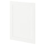 Mostra una porta d'armari de cuina METOD en blanc amb una subtil textura de gra de fusta. És rectangular, amb un disseny suau i modern.