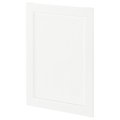 Mostra una porta d'armari de cuina METOD en blanc amb una subtil textura de gra de fusta. És rectangular, amb un disseny suau i modern.