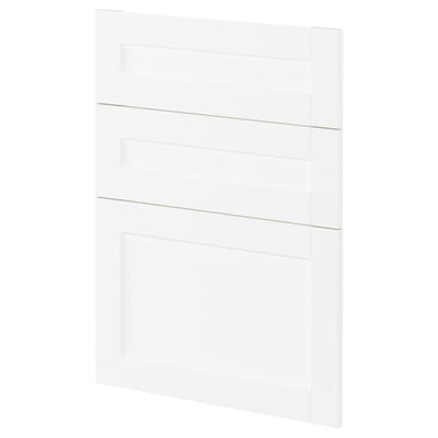 Un armari de cuina METOD blanc amb una textura de gra subtil. Té un disseny rectangular de pantalla plana amb tres seccions.