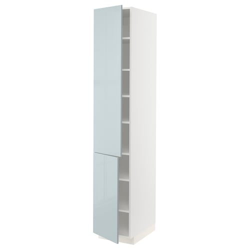Un armari de cuina METOD blau brillant amb prestatges ajustables. L'armari és alt i rectangular amb un disseny modern.