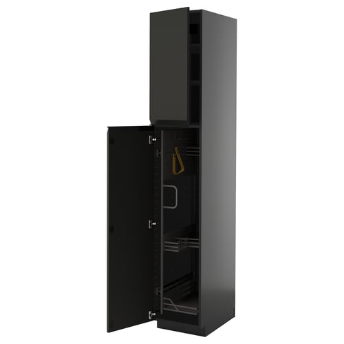 Moble de cuina negre amb porta oberta, acabat brillant, forma rectangular, disseny modern.