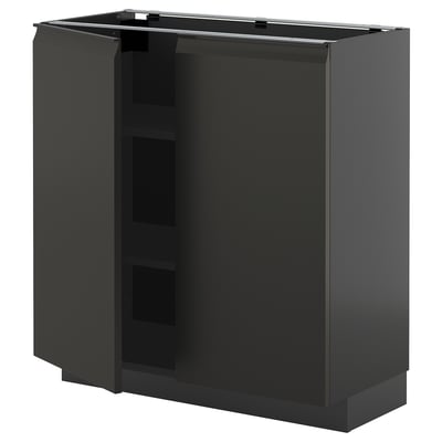 Armari de cuina negre modern amb portes i tirador elegants, forma rectangular, acabat brillant.