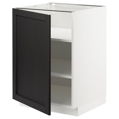 Un armari de cuina METOD amb una porta de leríttan tenyit de negre amb vores bisellades i un marc blanc. Disposa de dos prestatges regulables a l'interior.