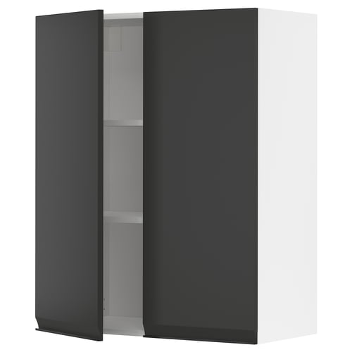 Armari de cuina negre modern amb mànec mat elegant, prestatge ajustable i marc resistent.