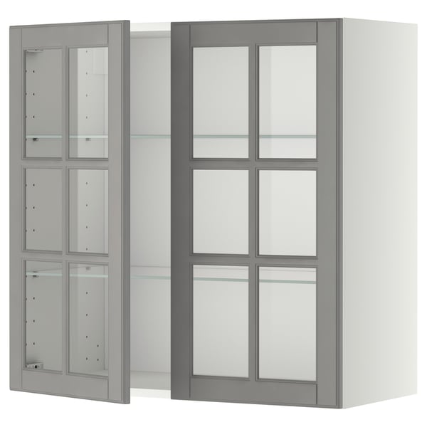 Moble de cuina METOD: portes de vidre gris, vores bisellades, prestatges regulables.