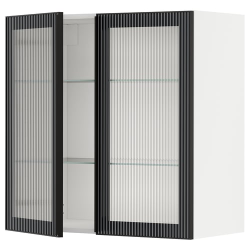 Armari de cuina negre modern amb portes de vidre esmerilat i interior blanc, de disseny rectangular i elegant.