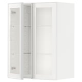 Un moble de cuina METOD blanc amb porta de vidre i marc metàl·lic, amb prestatges regulables.