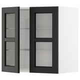 Armari de paret de fusta tenyida de color negre amb portes i prestatgeries de vidre. Forma rectangular moderna, disseny elegant.