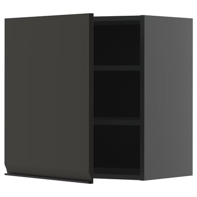 Moble de cuina negre modern amb un disseny elegant sense nansa i dos prestatges.