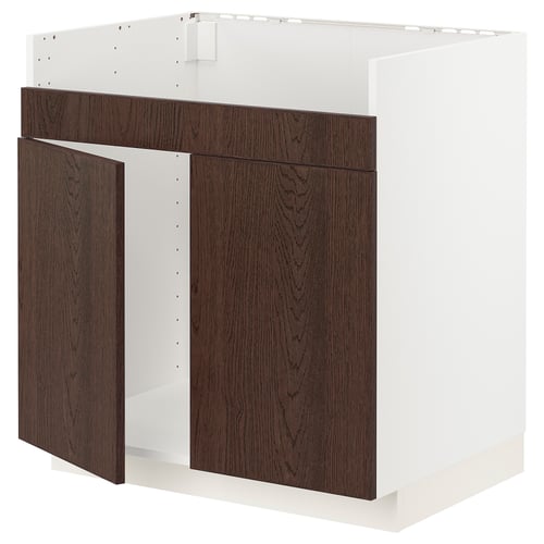 Model: Cuina METOD, armari de fusta de sinarp marró fosc, disseny quadrat amb porta empujada.
