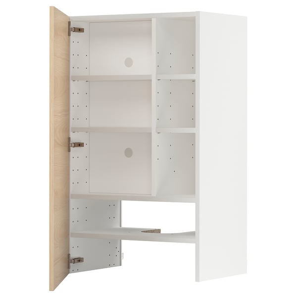 Armari obert blanc amb porta de fusta clara i tres prestatges. Disseny modern i minimalista.