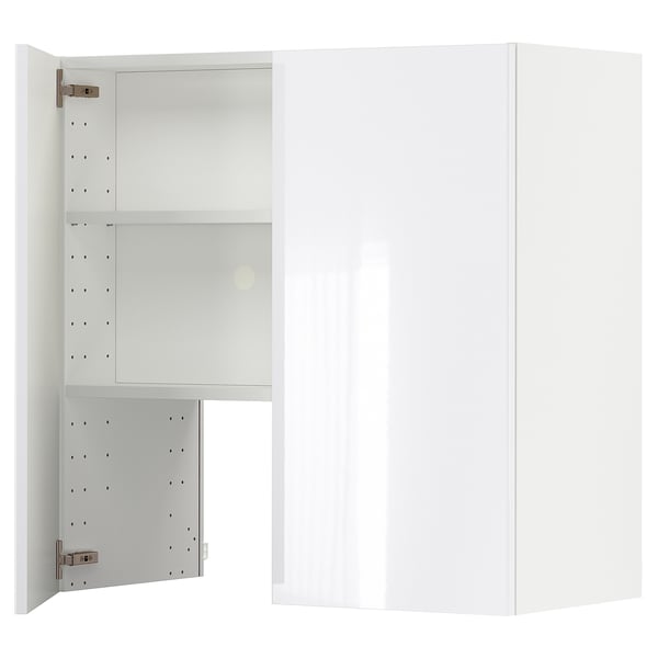 Mostra un modern moble de cuina METOD blanc brillant amb una porta oberta, amb un prestatge ajustable a l'interior.