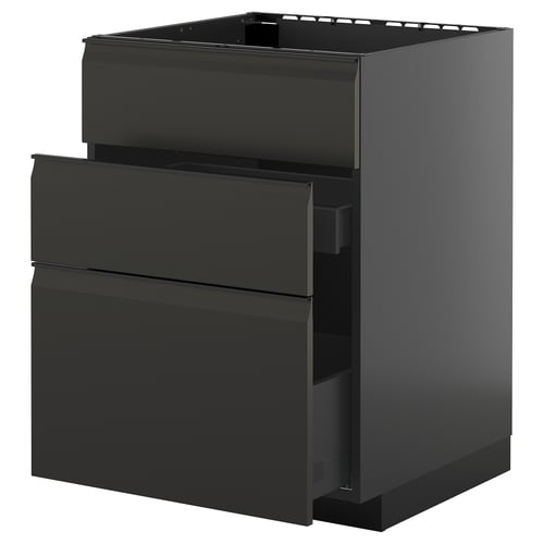 Armari de cuina modern negre amb tres frontals de calaixos, acabat elegant i brillant.