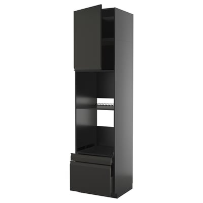 Armari de cuina negre modern de la sèrie ikea METOD, alt amb prestatges i calaixos, disseny elegant sense nansa.
