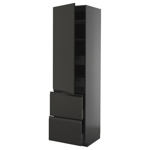 Armari de cuina modern negre amb nanses integrades, disseny elegant i prestatges ajustables.